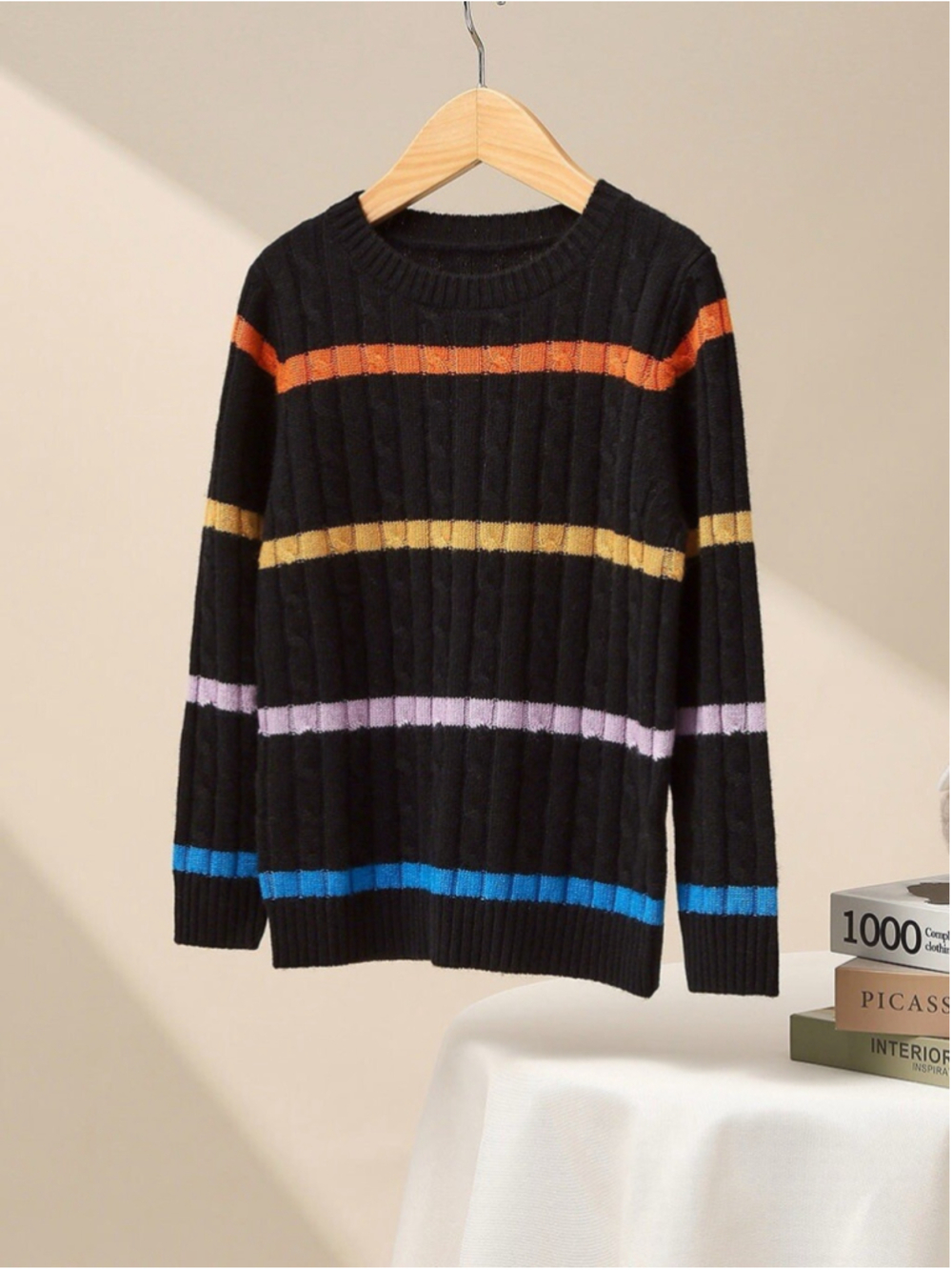 CBC Cashmere Como Boca 100% Wool Soft Striped Ribbed Sweater Cable Knit M Women